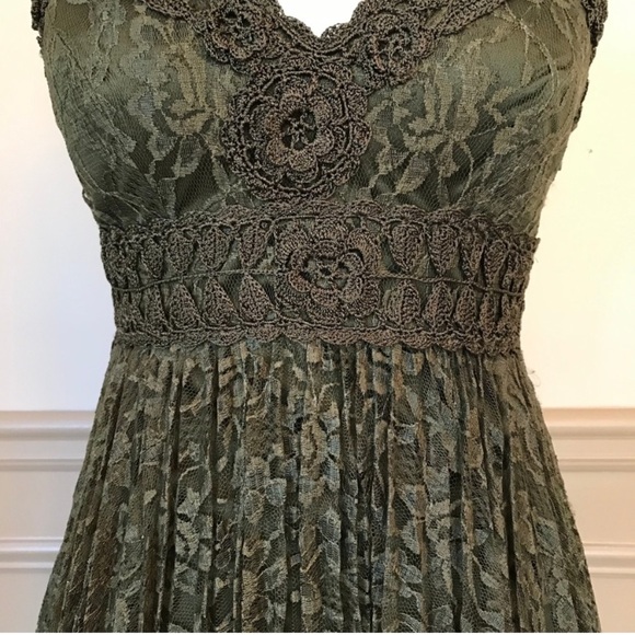 Sue Wong Olive Green Floral Crochet Lace Midi Dress Pleated 2 Formal - Picture 3 of 8